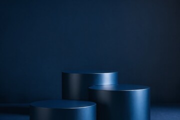 Three blue cylindrical platforms in front of dark blue background