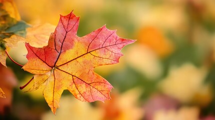 Vibrant close-up of a textured autumn leaf featuring rich red and yellow hues against a blurred background of colorful fall foliage with ample copy space