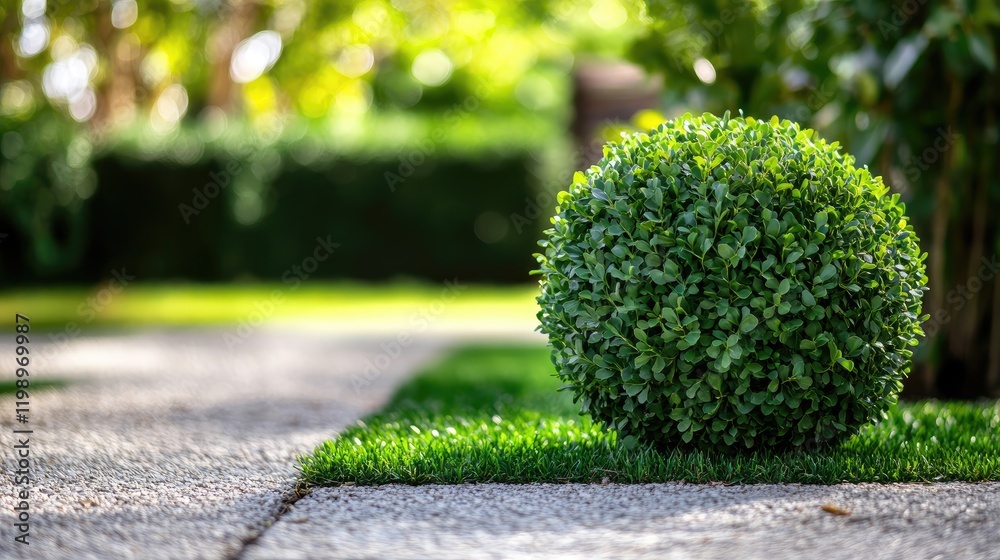 Poster close up view of a vibrant green puff plant in a sunlit garden setting featuring soft blurred backgr