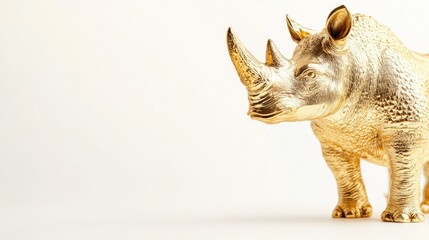 Golden rhinoceros figurine on soft white background with ample negative space for text placement, showcasing detailed craftsmanship and luxurious tones.