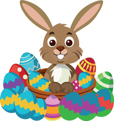 Cute easter bunny sitting in basket with colorful decorated eggs
