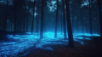 A digital landscape with trees glowing blue in a mystical forest.