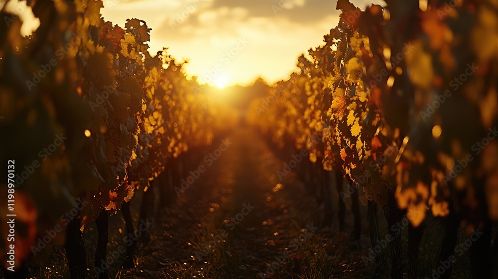 Poster close up of golden grapevines in vineyard at sunset with vibrant orange sky and empty text space dur