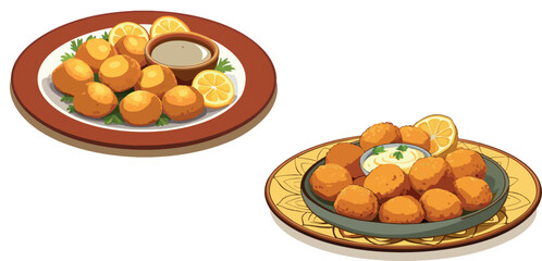 Delicious falafel balls served on plates with dipping sauces and lemon wedges