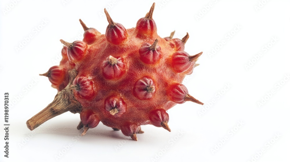 Aufkleber close-up of a vibrant red castor bean pod with spiky features on a clean white background perfect fo
