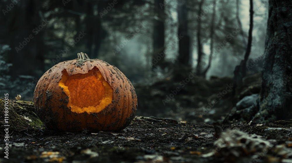Aufkleber close up side view of a hollowed pumpkin with glowing interior in a misty forest setting, dark folia