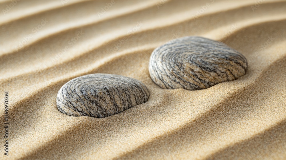 Aufkleber Desert landscape featuring textured golden sands with two smooth gray stones nestled in the foreground and ample empty copy space for text.