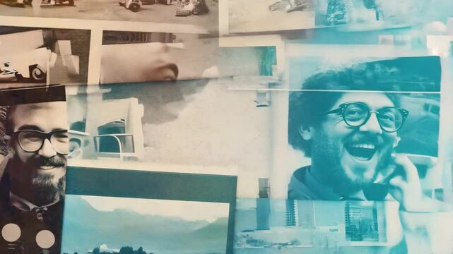 Memories in Blue: A nostalgic and evocative collage of vintage photographs, their faded colors and blurred edges whispering tales of a bygone era, tinged with a melancholic blue hue.