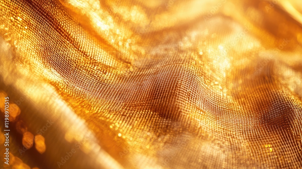 Poster Golden hour evening sunlight illuminating soft, shimmering golden fabric texture with open space for text in a warm, inviting atmosphere.