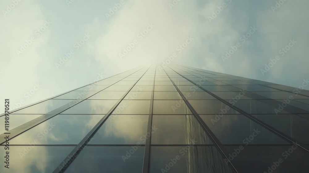 Poster modern skyscraper glass facade reflecting clouds and sky upwards with minimalist empty copy space fo