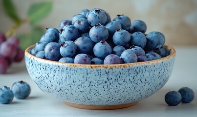 A blue bowl filled with fresh blueberries on a table.