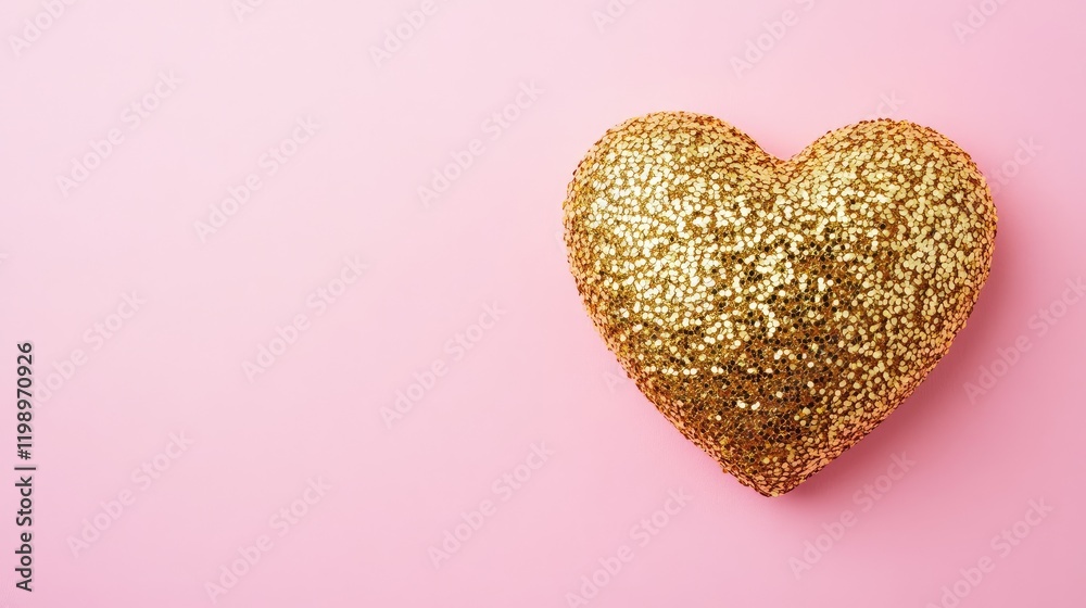 Poster Close up of a shimmering golden glitter heart on a soft pink background ideal for Valentine's Day postcard design with ample empty copy space for text