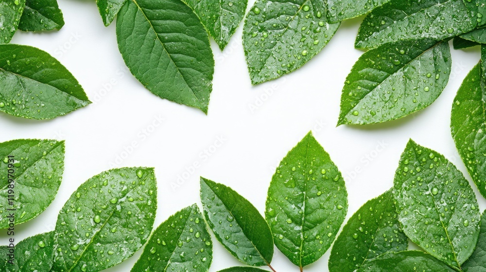 Aufkleber Close up of vibrant green leaves with water droplets arranged in a circular pattern on a bright white background with ample empty space for text