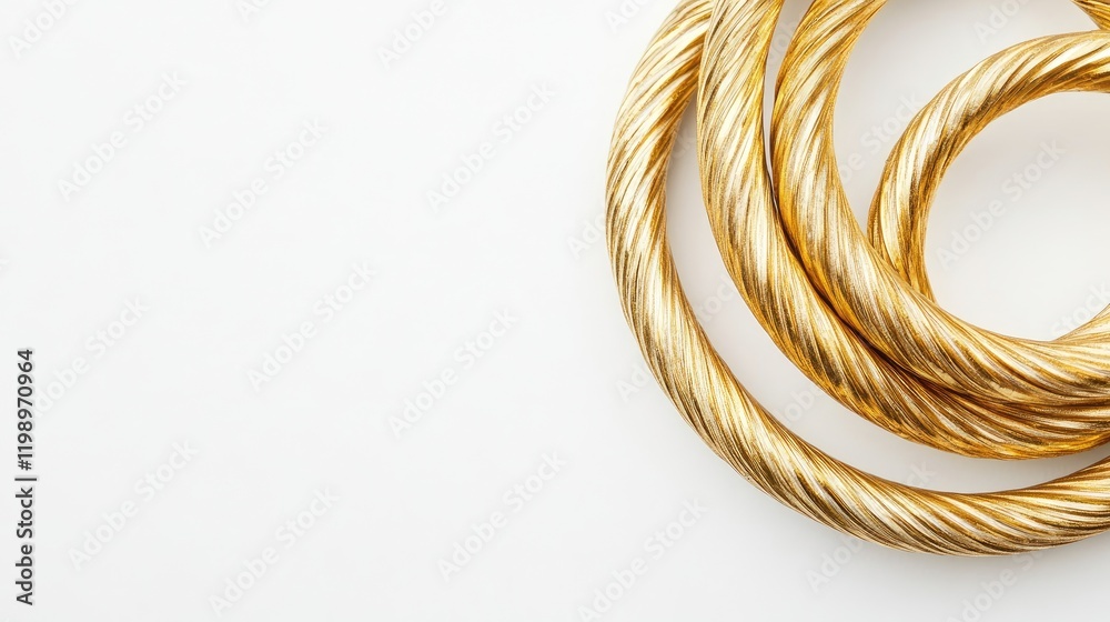 Aufkleber Shiny golden coil gaskets arranged on a clean white background with ample space for text, showcasing intricate twisting patterns and reflections.