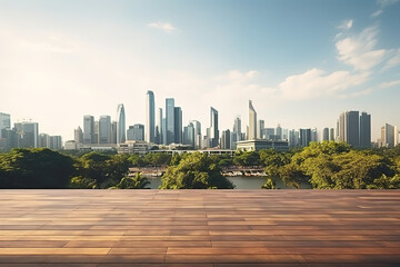 Eye-Catching City Skyline Featuring Empty Wooden Board for Creativity