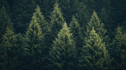 Obraz premium Close up of lush green conifer trees in a dense forest background with soft natural light and ample empty space for text at the top