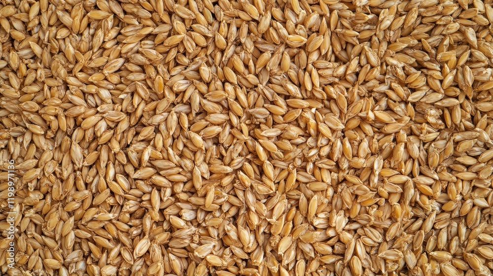 Aufkleber close-up of golden wheat grains spread out in a textured field with natural light highlighting the r