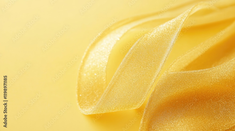 Poster Golden glitter ribbon gracefully draped on soft yellow background with ample empty space for customized text and design, ideal for festive decor