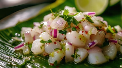 Freshly Prepared Sea Bass Ceviche on Vibrant Green Banana Leaf with Lime, Red Onions, Cilantro, and Chili Garnish with Space for Text
