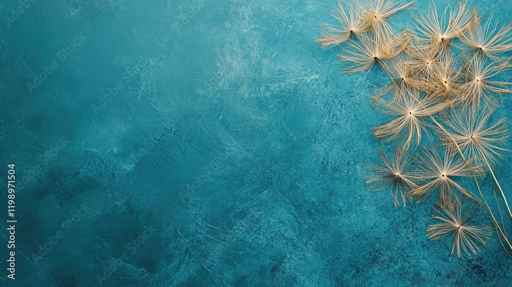 Poster Golden dandelion seeds delicately arranged on a textured teal blue background creating a serene and elegant composition with ample copy space.