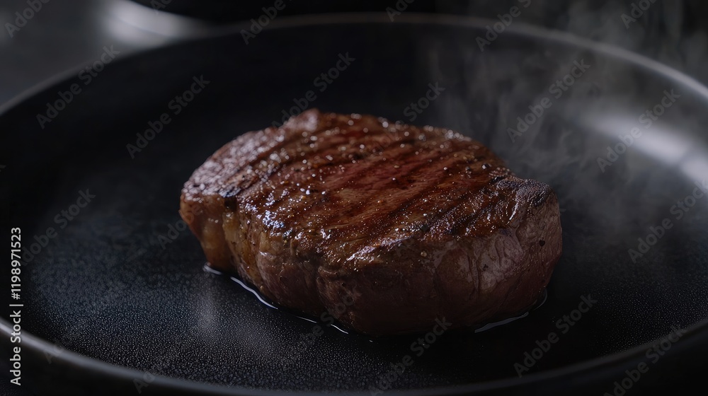 Poster Grilled steak on a black plate with steam details for luxury dining restaurant food concept dark color background with empty copy space for text