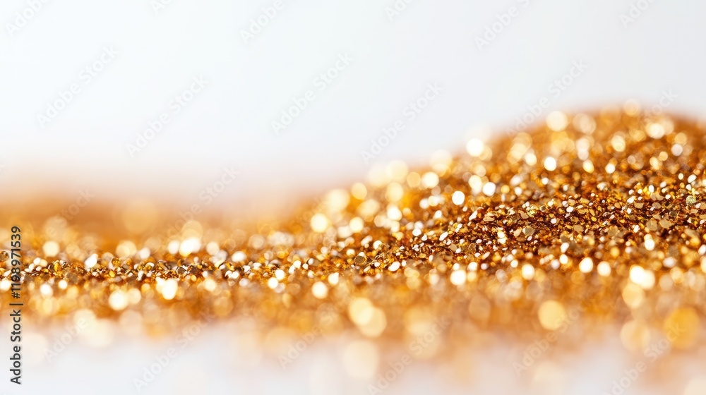 Poster Close up of shimmering golden glitter on a soft white background with ample empty space for text or design elements