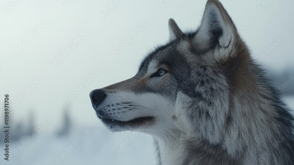 Poster Close up profile of a majestic gray wolf against a soft snowy background in the wilderness with serene neutral tones and ample empty space for text.
