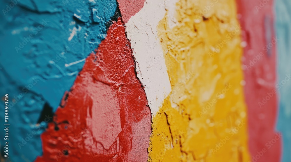 Aufkleber vibrant close-up of textured graffiti wall featuring bold colors of red blue yellow and white with a
