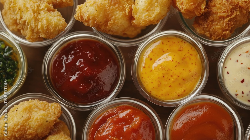 Poster golden fried chicken nuggets with assorted spicy dipping sauces in clear glass bowls on wooden backg