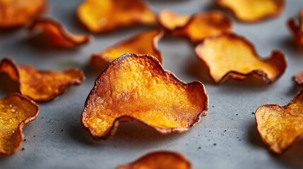 Naklejka premium Golden fried potato chips scattered on a textured gray background with selective focus highlighting their crispy texture and empty space for healthy snack concepts