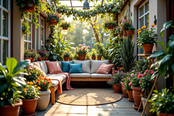 Fototapeta premium Cozy Family Balcony Garden with Lush Greenery and Vibrant Flowers