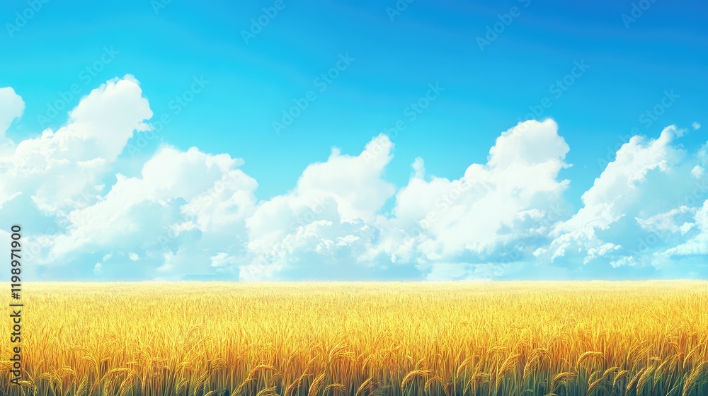Aufkleber golden rice paddies under a bright blue sky with fluffy white clouds featuring expansive copy space 