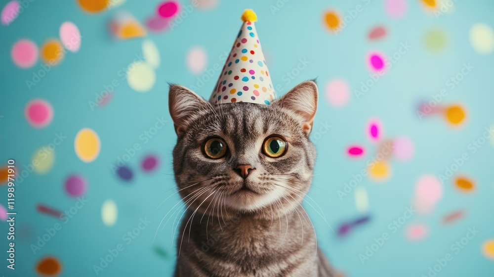 Poster playful scottish fold cat adorned in a festive party hat with colorful confetti against a bright blu