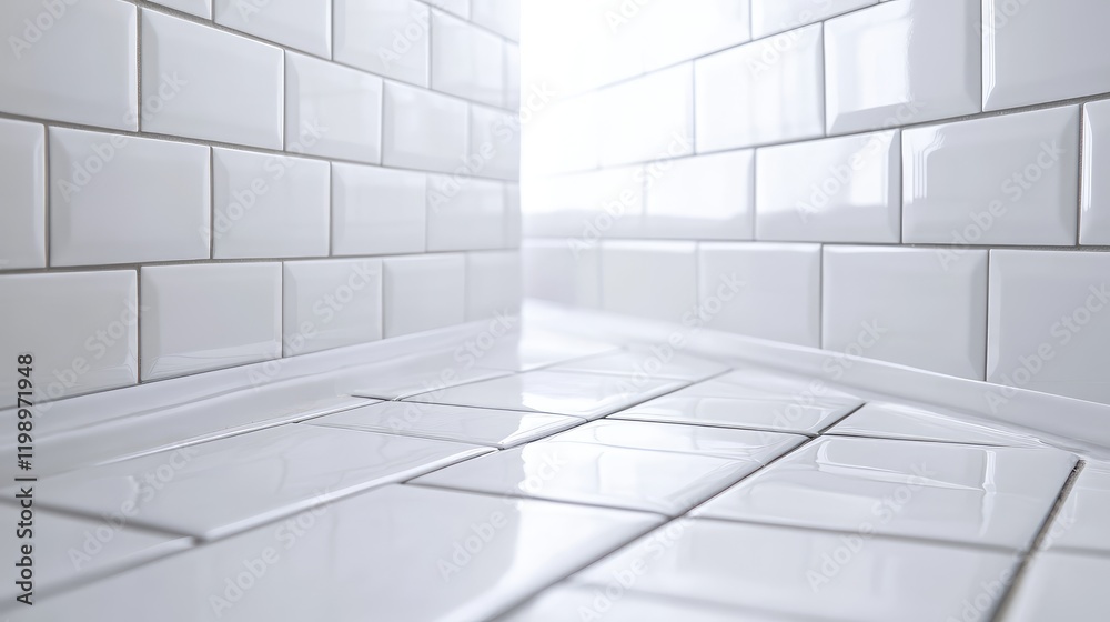 Aufkleber renovated modern subway tile bathroom floor in white, close up view highlighting glossy tiles with a