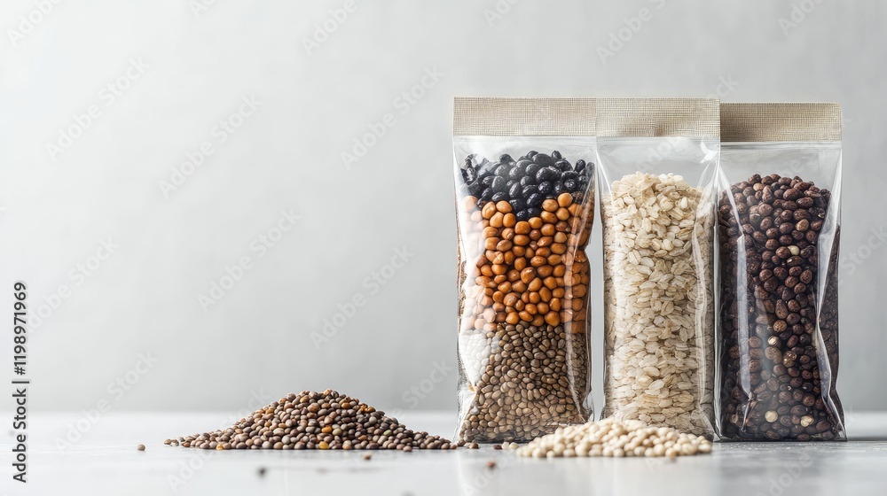 Poster Close up of assorted grains and beans in transparent packaging with earthy tones on a light gray background and empty copy space for text