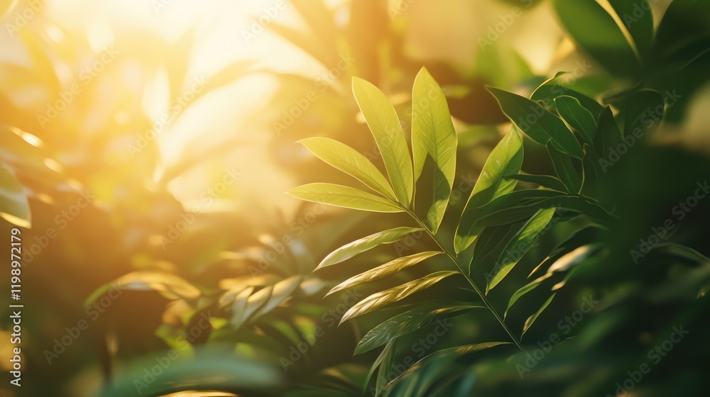 Poster Lush green indoor plant close-up with radiant leaves illuminated by warm diffused lighting creating a serene atmosphere and ample copy space for text
