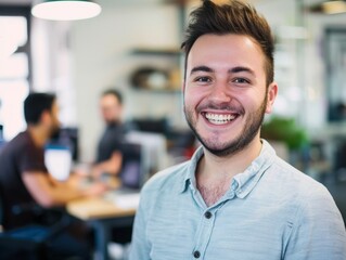 Fototapeta premium Young man smiling in office with colleagues in background, creating bright atmosphere
