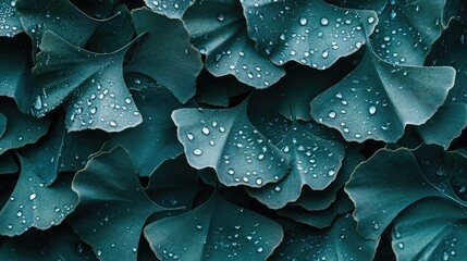 Obraz premium Close Up of Ginkgo Biloba Leaves in Rich Green with Water Droplets on Surface Against Dark Background for Clean Copy Space and Text