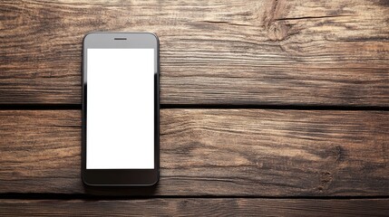 Close up black smartphone with blank screen on textured wooden table background with empty copy space for text display and mockup design