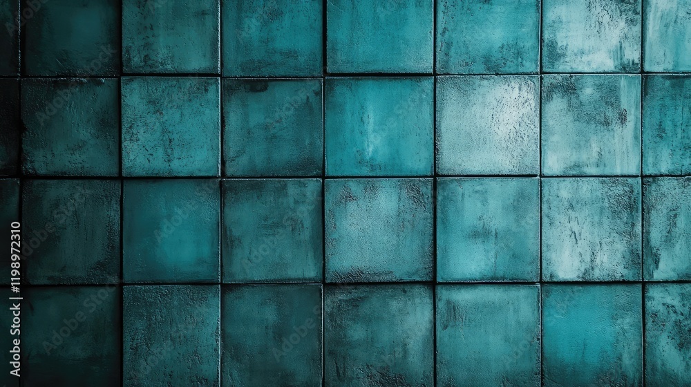 Poster High-resolution close-up of textured teal and blue concrete wall featuring square grid pattern with empty copy space for text and design ideas.