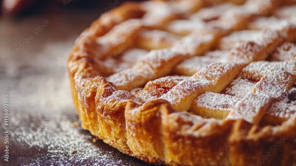 Poster golden brown pastry pie with flaky crust and powdered sugar on rustic wooden surface, featuring empt
