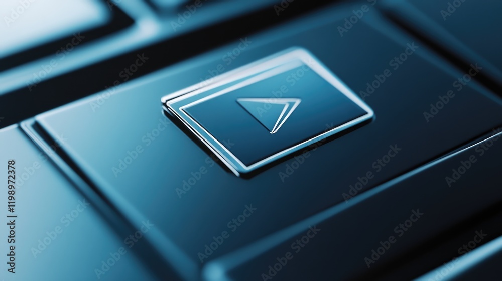 Poster close-up shot of a computer keyboard with a blue button, suitable for illustrations about technology