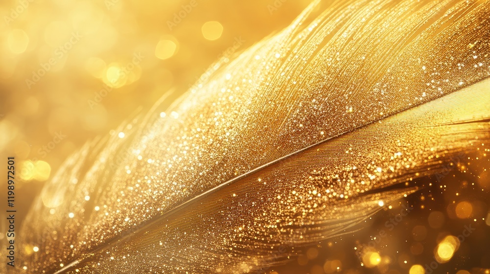 Poster Close up of shimmering golden feather adorned with sparkles on a soft blurred golden background creating an elegant atmosphere for text placement