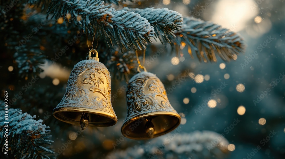 Poster golden bell ornaments elegantly hanging from frost-covered evergreen branches, with soft snowflake b