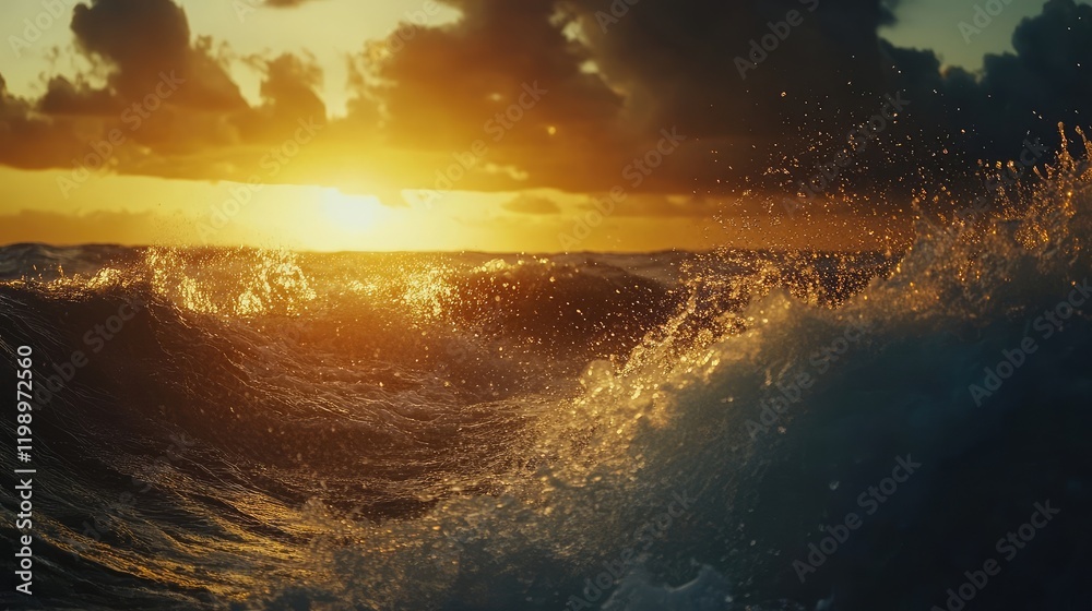 Poster close up of a golden wave crashing against the shore at sunset with vibrant orange and blue hues and