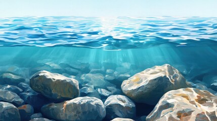Vibrant underwater landscape featuring smooth gray rocks and clear turquoise water with sunlight reflections, ideal for text overlay or creative projects.