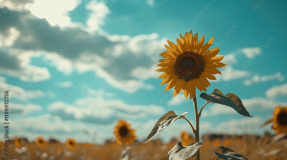 Poster sunflower plant close up against vibrant blue sky and fluffy clouds with empty copy space for text i