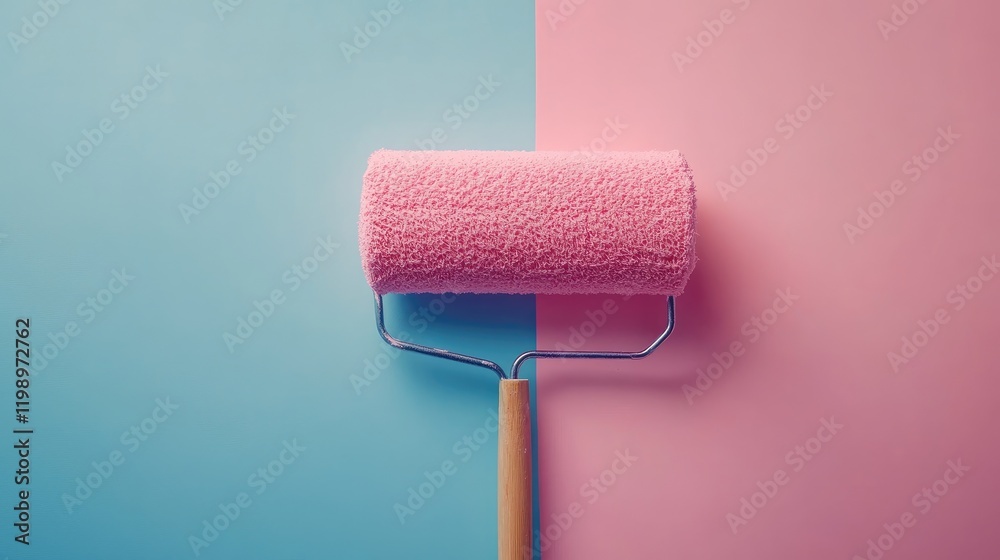 Poster close up view of a pink paint roller on a divided blue and pink background with ample blank space fo