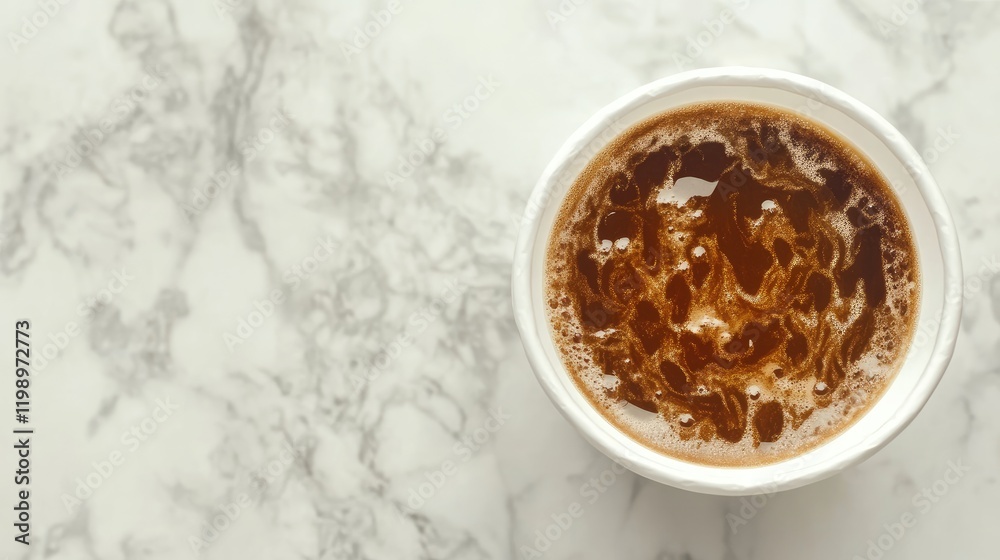 Poster Golden Brown Coffee in White Takeaway Cup on Marble Surface with Creamy Swirls and Empty Space for Text in Warm Tones