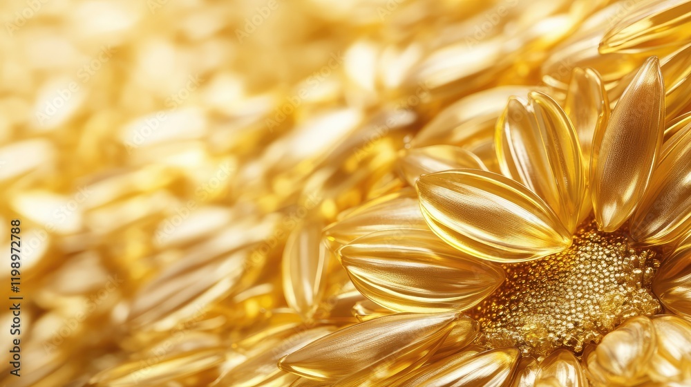 Poster Close-up of vibrant golden sunflower seeds with soft focus background and ample empty space for text in warm golden hues